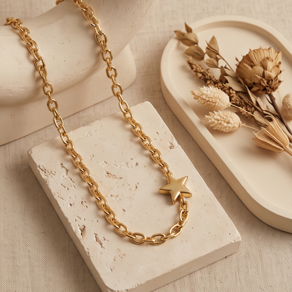 A gold chain necklace with a star-shaped pendant, styled on a textured cream stone block next to dried botanicals on a matching tray.